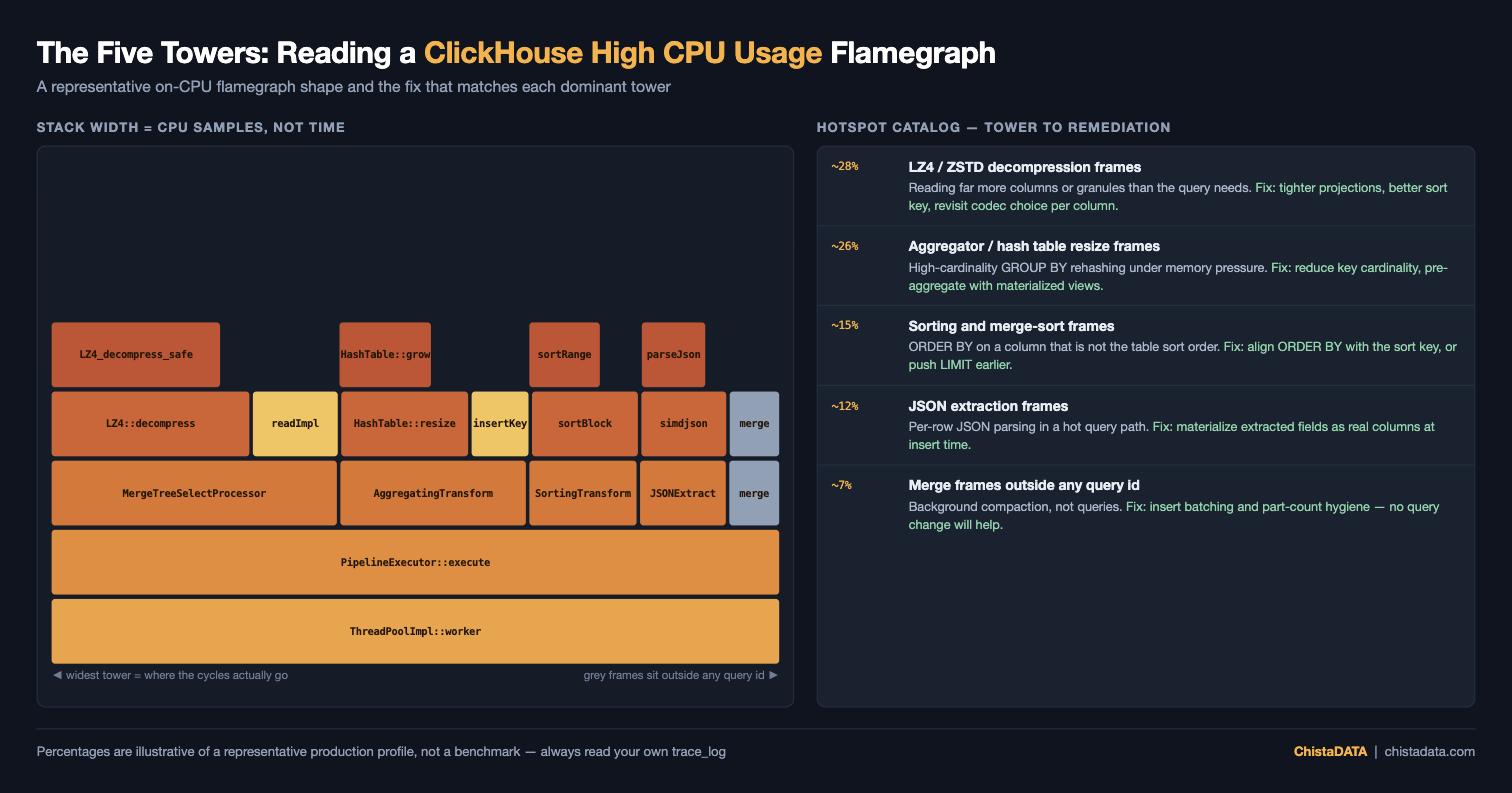 Representative ClickHouse high CPU usage flamegraph showing five hotspot towers and the matching fixes