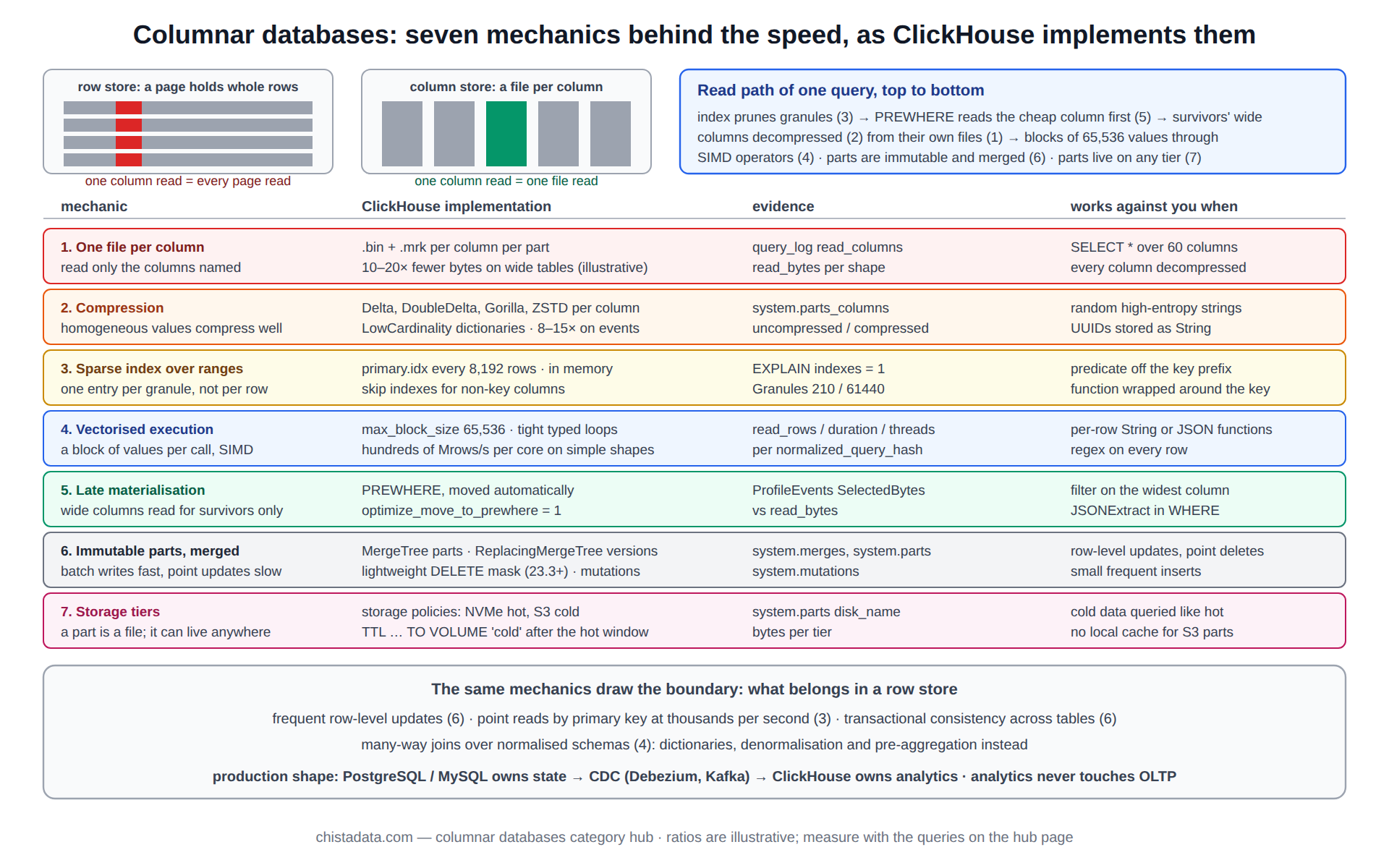 Columnar databases diagram: seven mechanics behind ClickHouse speed, from one file per column and compression through the sparse index, vectorised execution, late materialisation, immutable parts and storage tiers, each with its evidence and its failure case