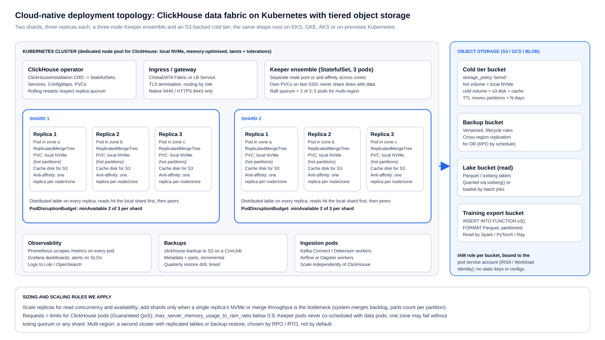 Cloud native ClickHouse data fabric deployment topology on Kubernetes: operator, two shards of three replicas across zones, Keeper ensemble, tiered S3 storage, backups and ingestion pods