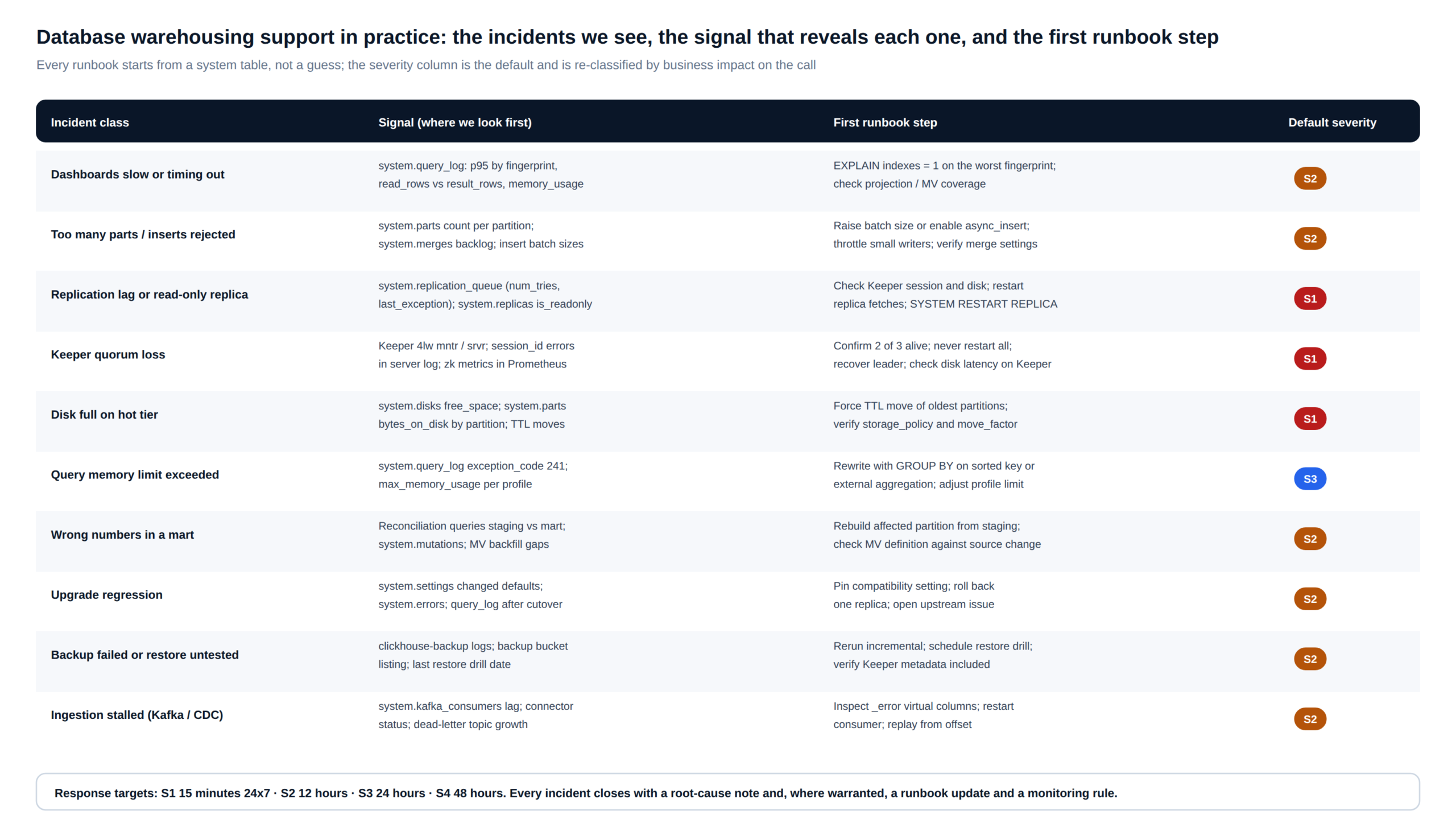 Database warehousing support matrix on ClickHouse: incident classes, the system table signal for each, the first runbook step and the default severity from S1 to S4